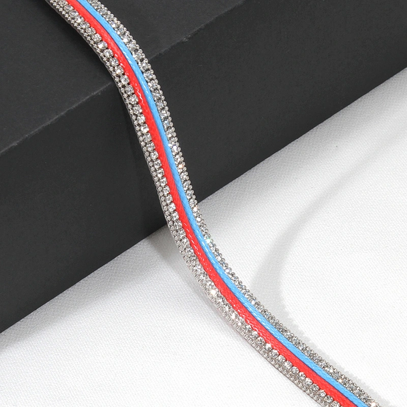 Wholesale 1cm Accessories Beaded Rhinestone Hot Fix Trimming with Red Blue Polyester Strips