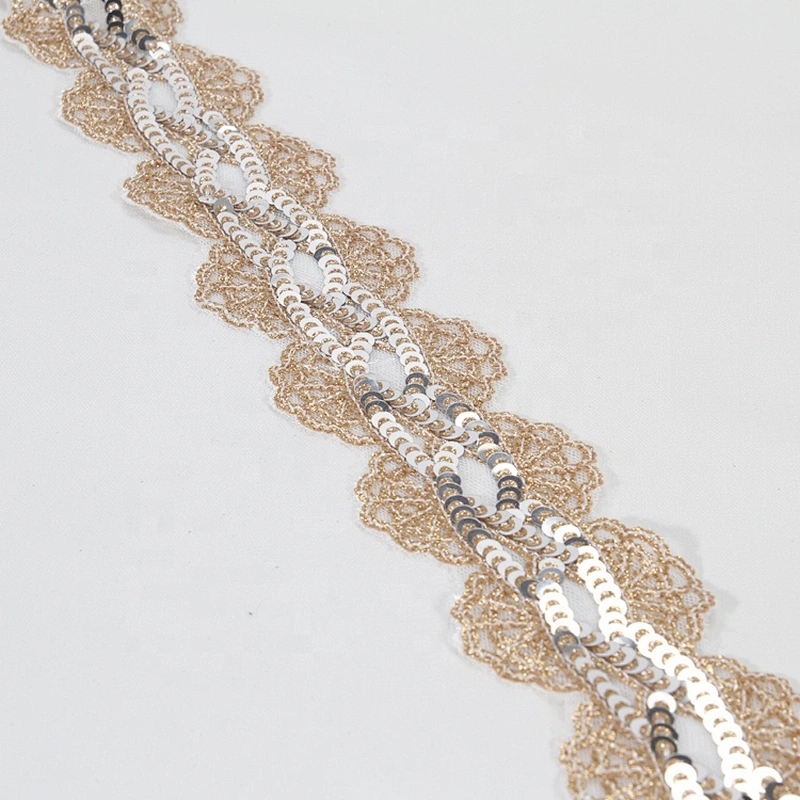 Gold Bridal Floral Pattern Embroidery Sequin Bridal Beaded  Trim