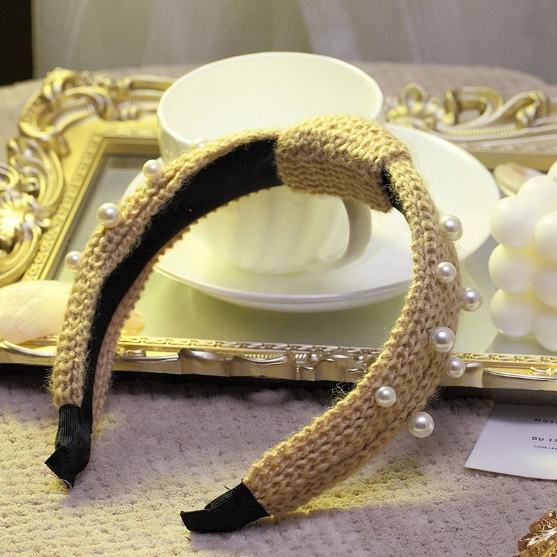 Winter simple pure handmade sweater pearl hairband web celebrity fashion style headband hair accessories knitted crochet pattern