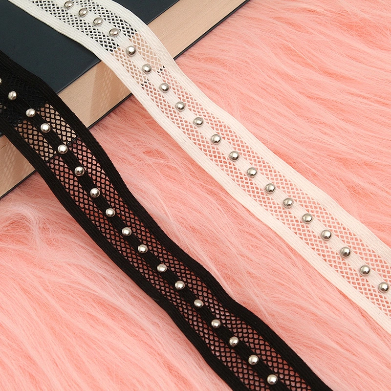 black beaded ribbon trim lace fabric handmade beads  Design Lace Trims Rivet Mesh Trim Copper Beads Ribbon