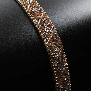 Kavatar Wholesale Glass Gold Chain Trim Fashion Styles Sewing Tube rhinestone trim rolls,colorful hotfix Iron on Trims