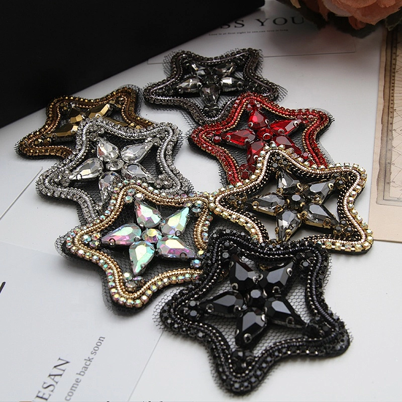 Kavatar Beaded Black/Red/ Gun star rhinestone Patches for women clothing patch Sew on patches