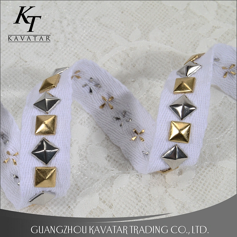 Pyramid shape Copper stud nail on polyester weave trim for garment accessories