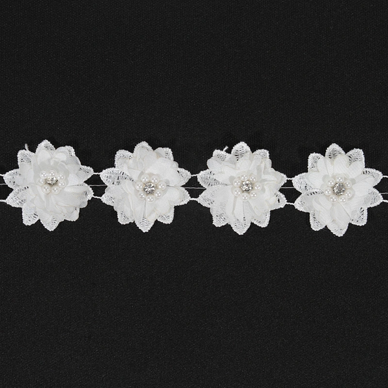 Kavatar supply polyester beaded flower lace trim for dress