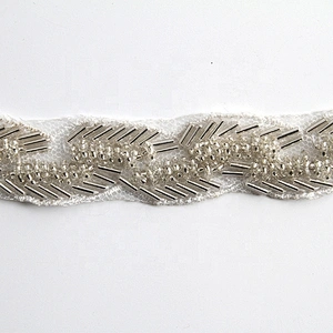 Handmade fancy beaded trim white pearl lace beaded chain lace for wedding dress
