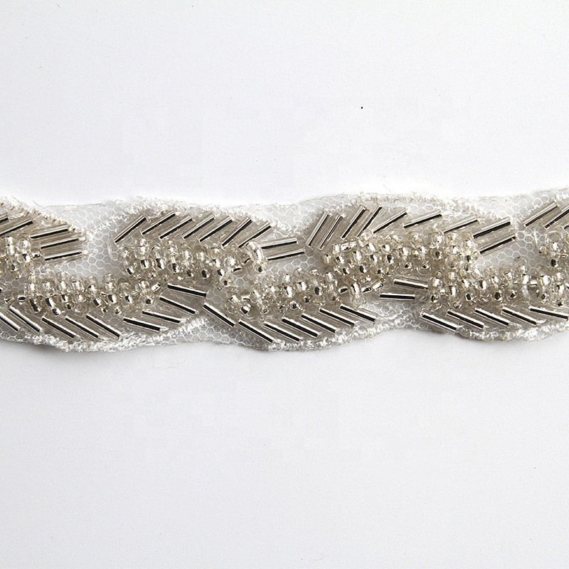 Handmade fancy beaded trim white pearl lace beaded chain lace for wedding dress