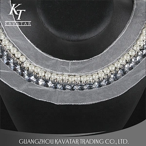 Kavatar Pearl Rhinestone Sew On White Mesh Neckline Trim For garment