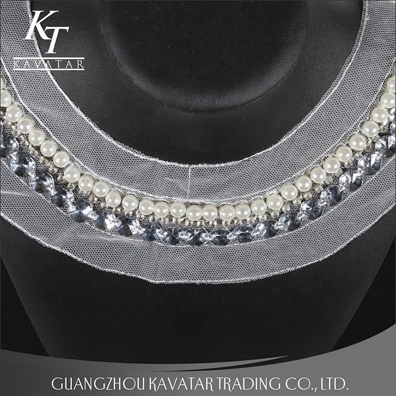Kavatar Pearl Rhinestone Sew On White Mesh Neckline Trim For garment