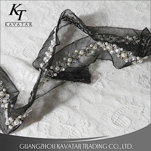 Kavatar Crystal Rhinestone White Bead Pearl Lace Designs Trim For Wedding Dress