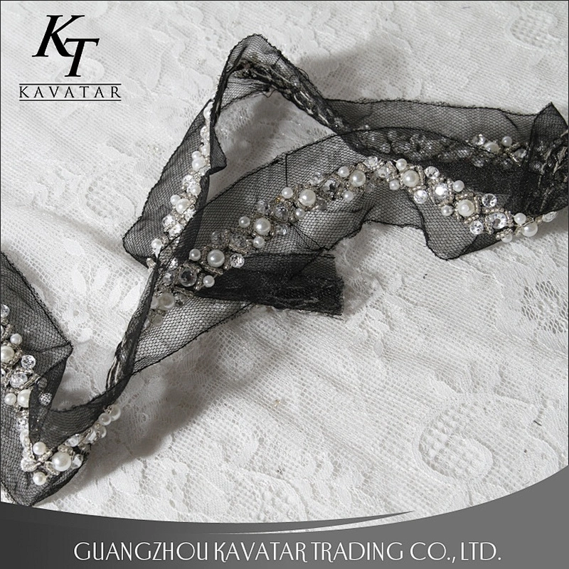 Kavatar Crystal Rhinestone White Bead Pearl Lace Designs Trim For Wedding Dress