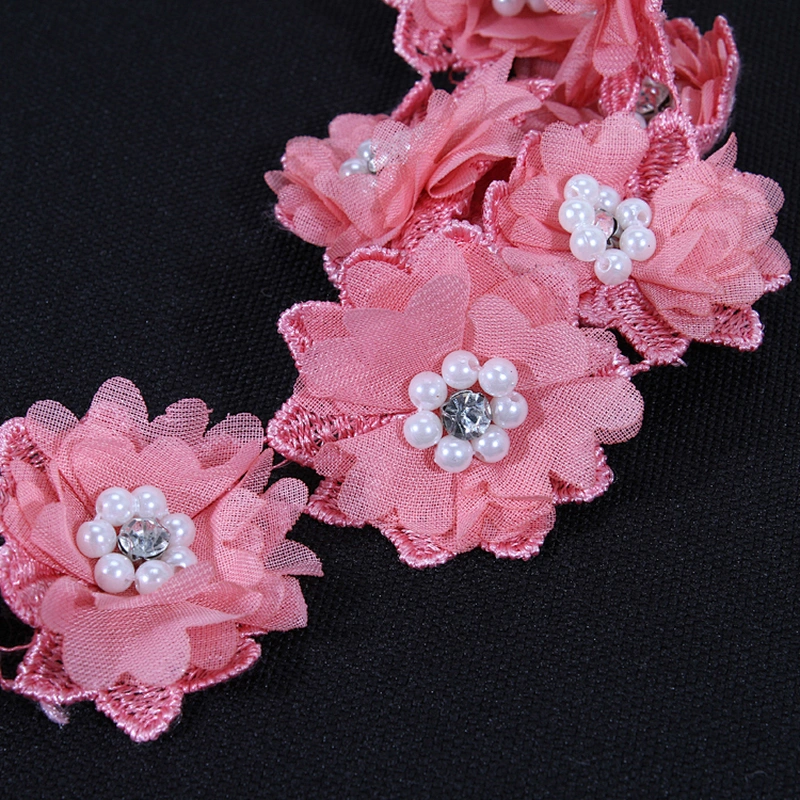 Kavatar supply polyester beaded flower lace trim for dress