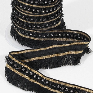 3cm black polyester fringe lace trim ribbon with beads