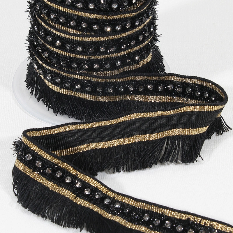 3cm black polyester fringe lace trim ribbon with beads