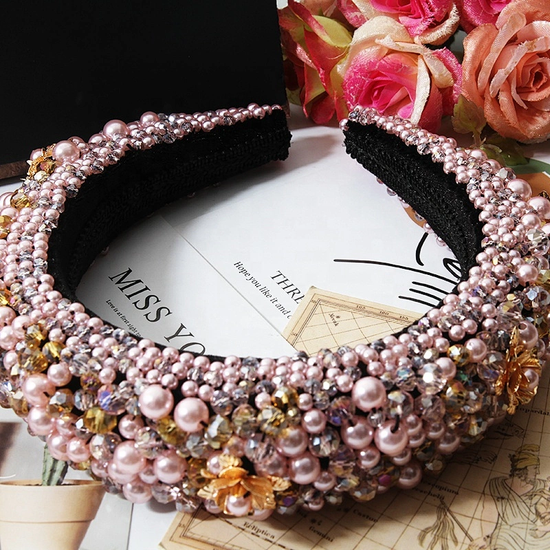 Pink bead headband blue color pearl headband Bridal with hand sewn acrylic bead flower Hairbands bow hairband latest hairband de