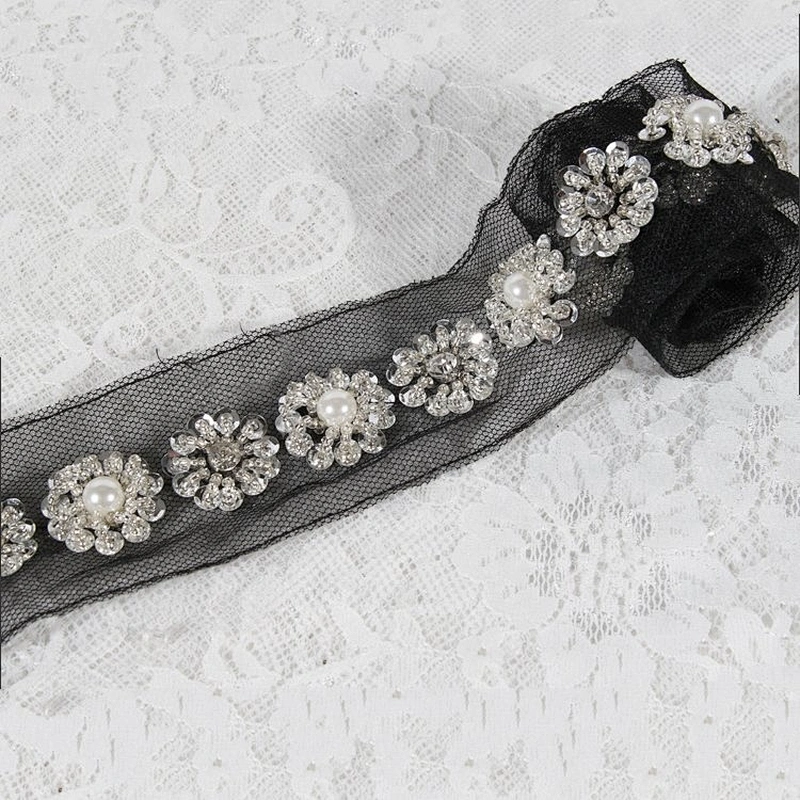 Sequins Rhinestone Beaded Trim Flower Shape Design Lace trim Tape