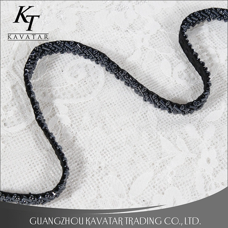 Kavatar Design 1cm Width Inclined Black Small Beads Lace Trim
