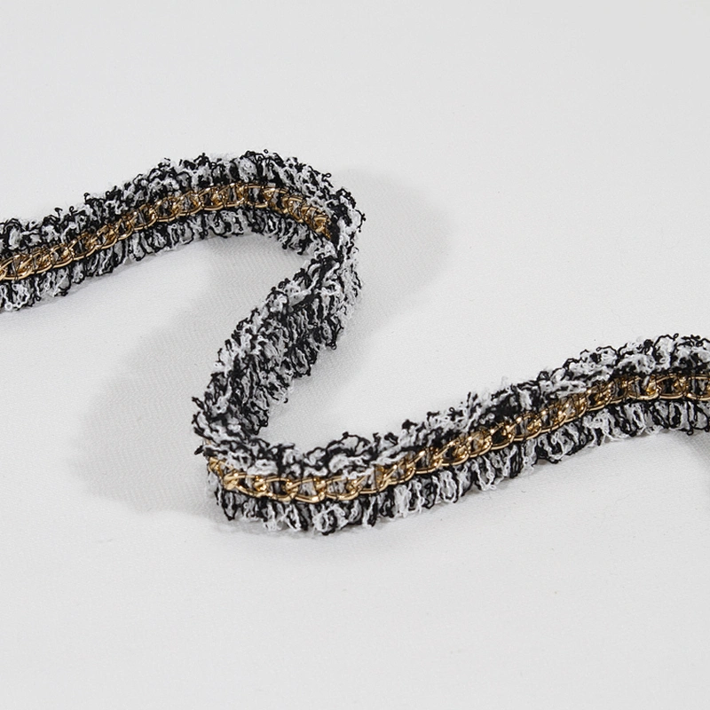 Cheap price wholesale polyester fringe tape trim with Copper chain