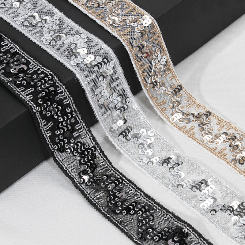 Stock Stylish White V Letter Shape Tulle Sequin Beaded Lace Trim