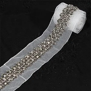 Accessories Beaded Lace Trim Vintage Mesh Fabric Rhinestone Lace Decorative For Wedding Dress