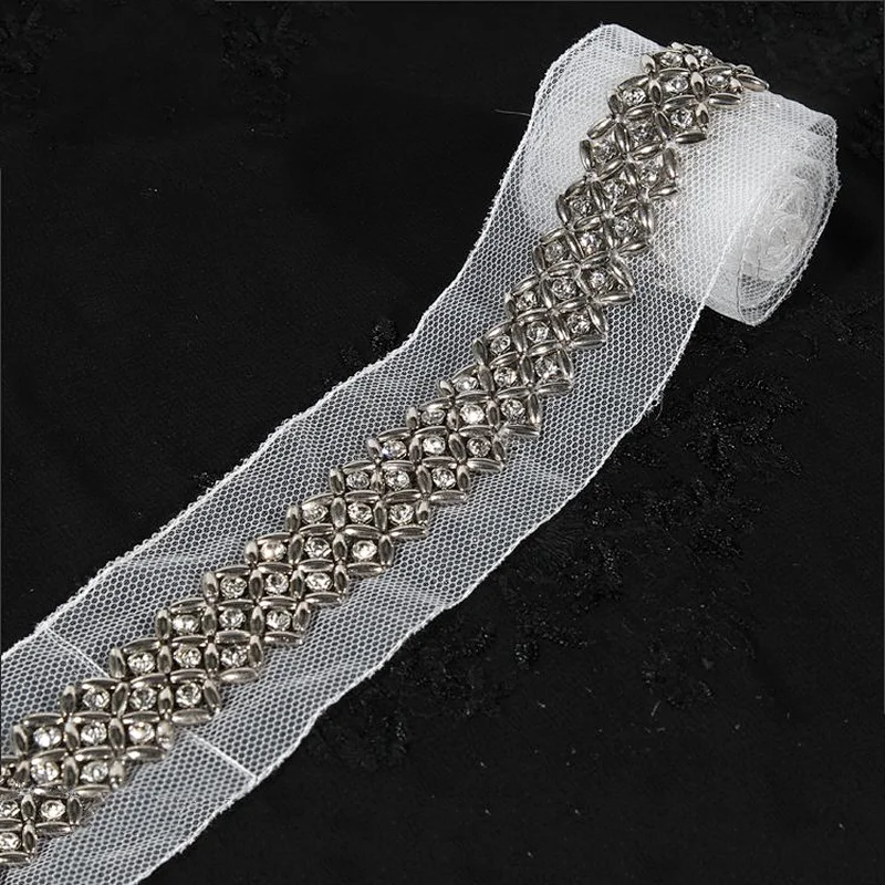 Accessories Beaded Lace Trim Vintage Mesh Fabric Rhinestone Lace Decorative For Wedding Dress