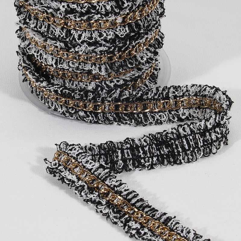 Cheap price wholesale polyester fringe tape trim with Copper chain