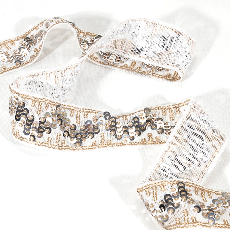 Stock Stylish White V Letter Shape Tulle Sequin Beaded Lace Trim