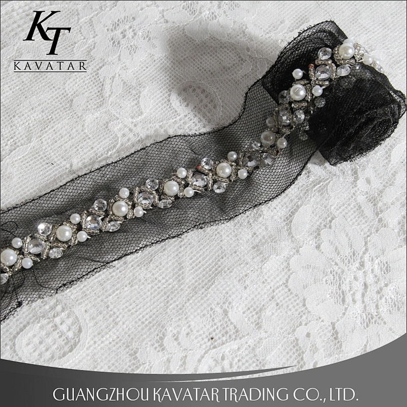 Kavatar Crystal Rhinestone White Bead Pearl Lace Designs Trim For Wedding Dress