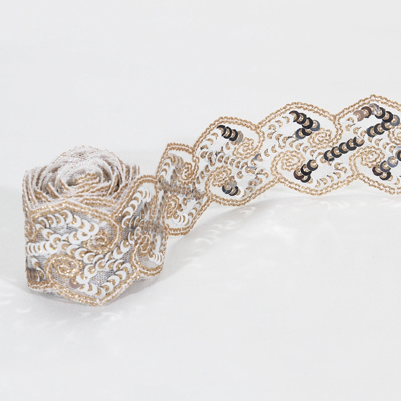 Custom Design Pattern Jacquard Beaded Lace Sequin Flower Trim for Clothing
