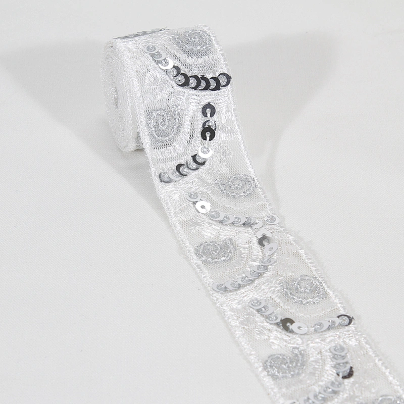 Custom Wholesale Craft Embroidered Rosette Sequin Beaded Mesh Lace Trim