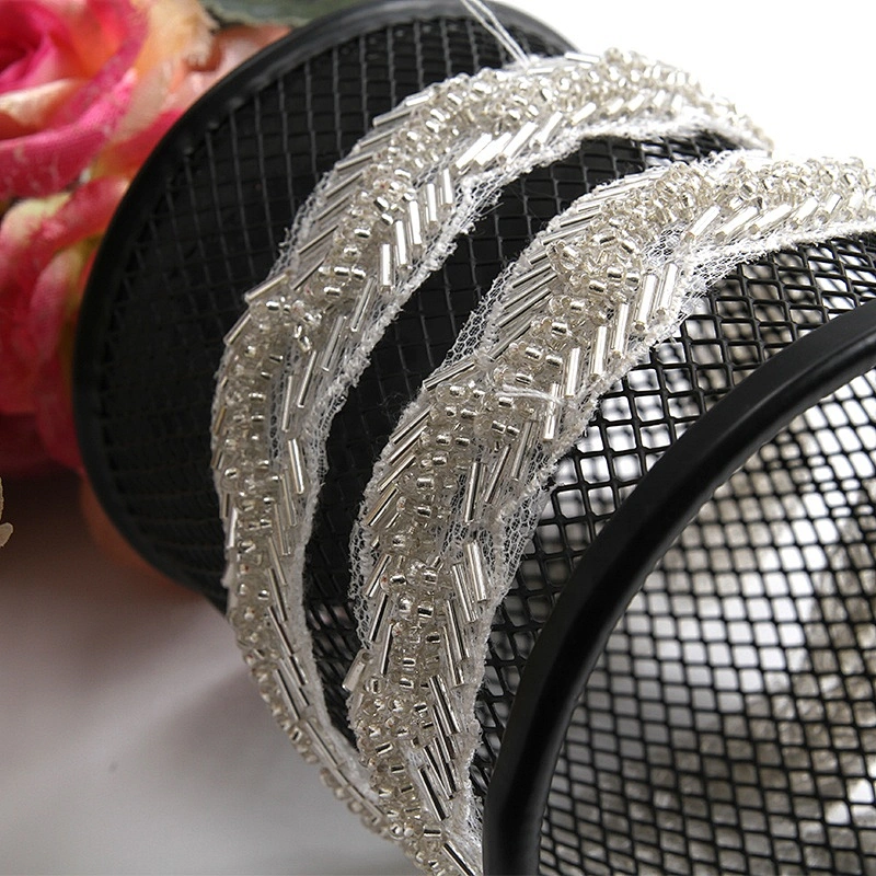 Handmade fancy beaded trim white pearl lace beaded chain lace for wedding dress
