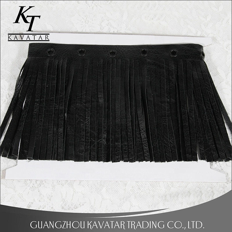 Kavatar Black Faux Leather Eyelets Tassels Fringe Trim Ribbon