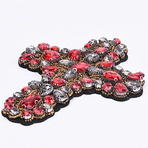 Wholesale Red Cross Rhinestones Beaded Patches Decoration For Garment patches for clothing