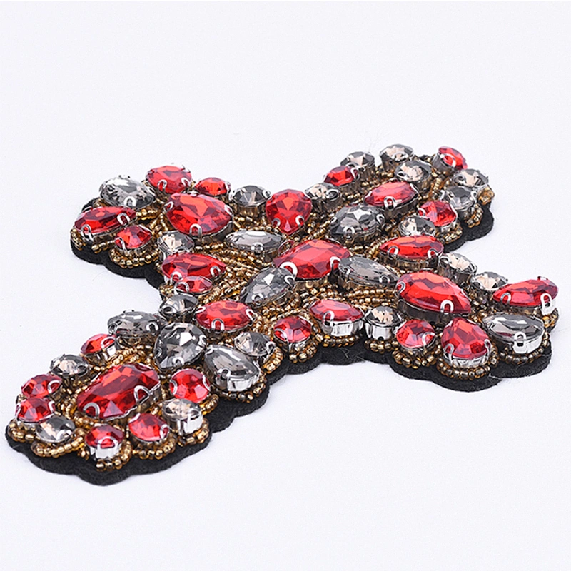 Wholesale Red Cross Rhinestones Beaded Patches Decoration For Garment patches for clothing