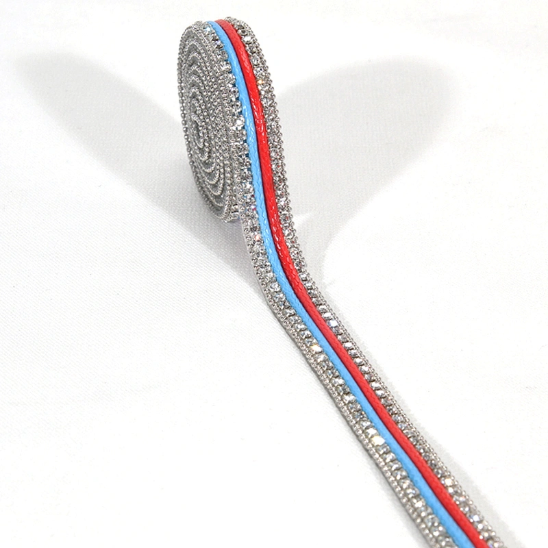 Wholesale 1cm Accessories Beaded Rhinestone Hot Fix Trimming with Red Blue Polyester Strips