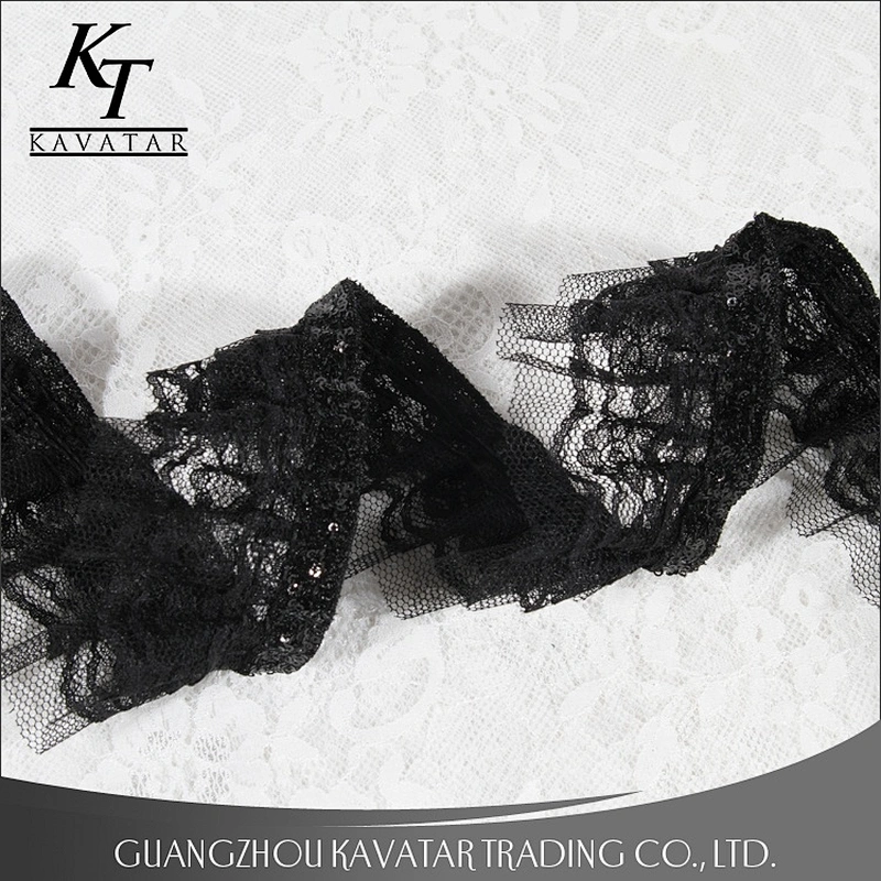 Easy to match fashion wrinkle black lace trim sequin decoration for nighty,dress,etc