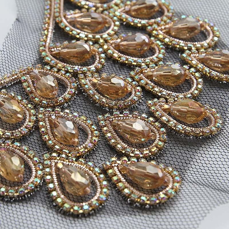 Factory wholesale gold decoration handmade collar patches with bead patches for clothing beaded trims for fashion garments