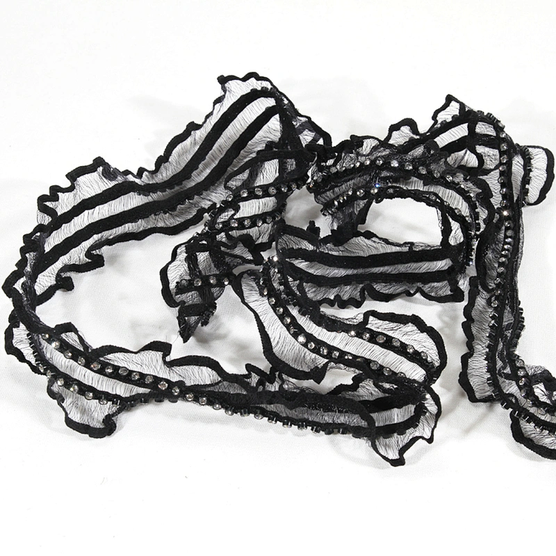 Wholesale Rhinestone Beaded Ruffled Chiffon Lace Trim for Women Garments