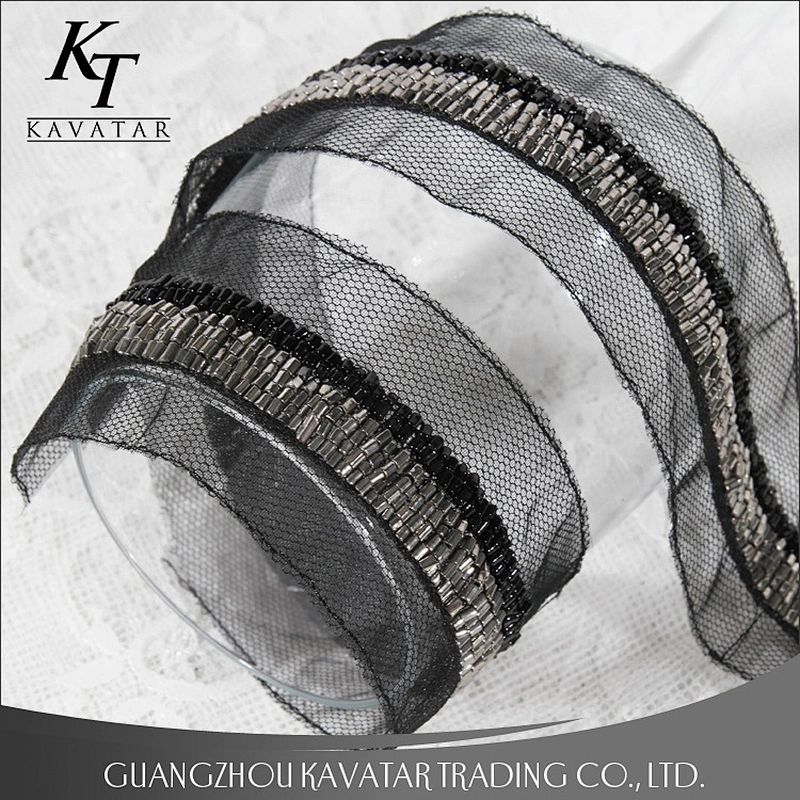 Fashion Lace Trims Black kavatar Bead Hand Embroidery Beaded Trimming