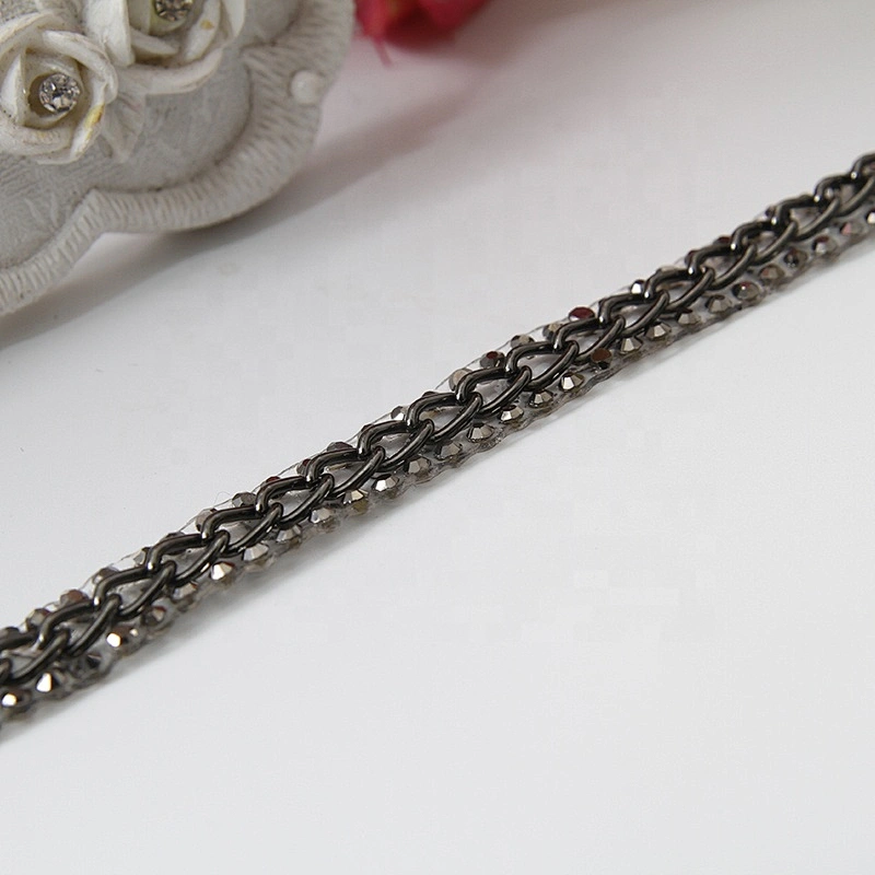 Accessories chain edging clothing trim with iron on melt adhesive backing applied to clothing