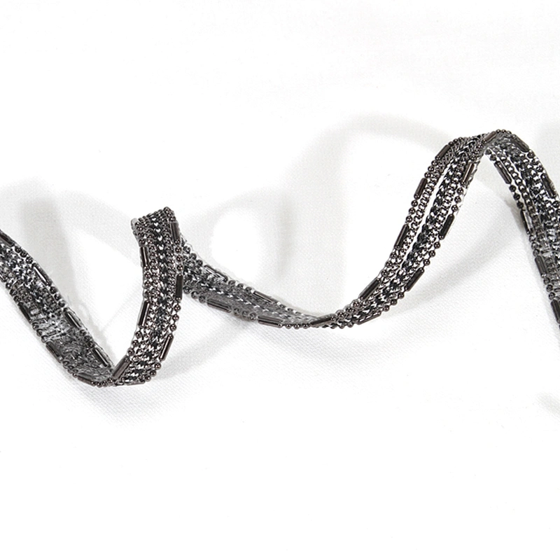 Wholesale Black Copper Chain Plastic Beaded Hotfix Webbing Trimming for Garments Sleeves Dresses Banding