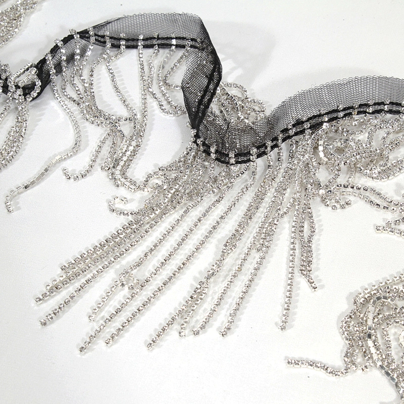 Wholesale Black Polyester Strips Accessories Rhinestone Fringe Tassel Trim for Dress Decoration