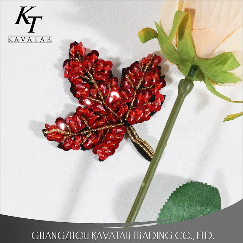 Red maple leaf design beading sequin patches for decorative garment bag