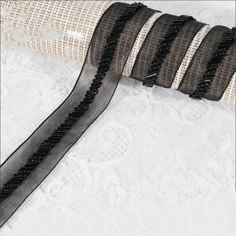 Kavatar Elegant Black Mesh Beaded Lace Trim For Dress