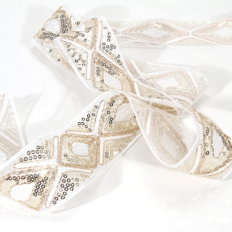 Handmade Gold Embroidery Cross Sequin Beaded Mesh Tape