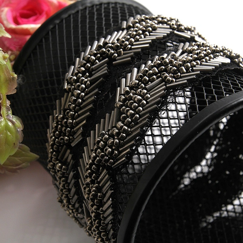 Fashion black color handmade pearl beaded rhinestoneslace trim designs sewing on garments