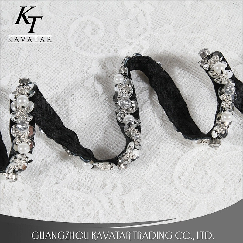 Top quality Crystal Chain Lace Trimming Colorful Round Beads and sequin trim Setting Sew on Trim for Dress Decoration
