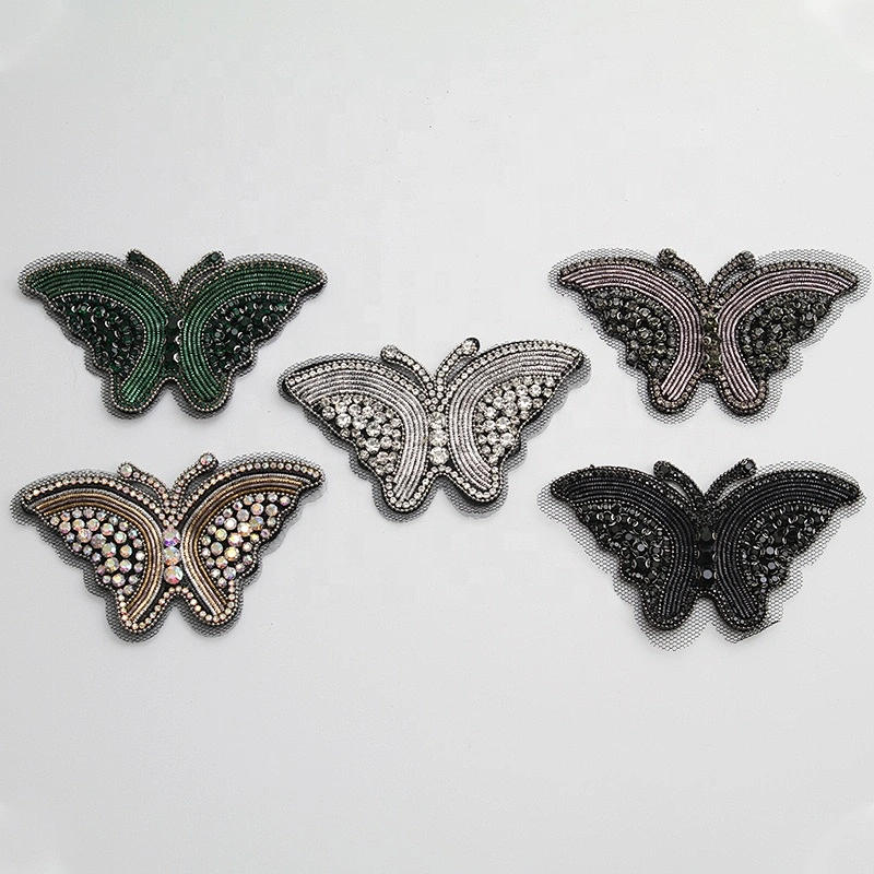 New item butterfly and insect pearl plastic beaded applique hotfix rhinestone patches for garment