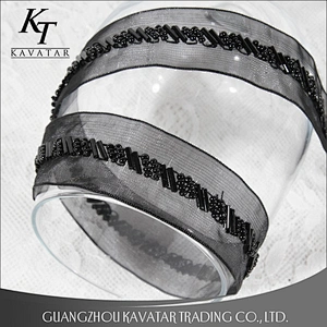 Kavatar Elegant Black Mesh Beaded Lace Trim For Dress