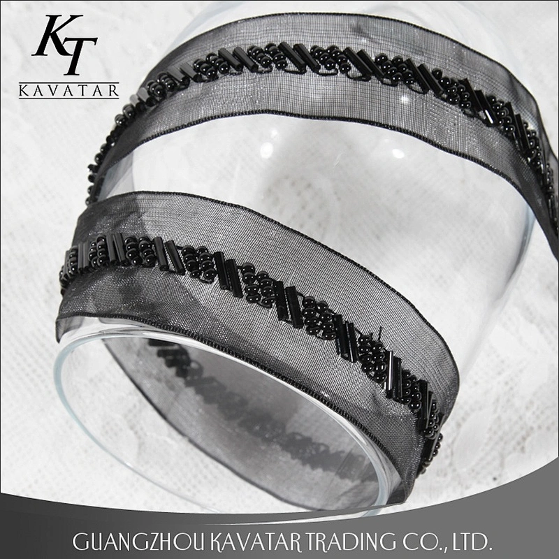 Kavatar Elegant Black Mesh Beaded Lace Trim For Dress