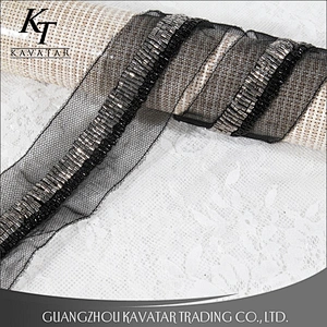 Fashion Lace Trims Black kavatar Bead Hand Embroidery Beaded Trimming